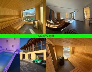 a collage of two pictures of a house with a swimming pool at Chata Ramzovské sedlo & Wellness in Ramzová