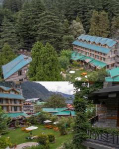 two pictures of a hotel and a resort at Johnson Lodge Manali in Manāli