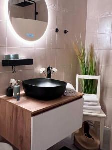 a bathroom with a black bowl sink on a counter at Joes cozy Apartment in Payerbach +23 photos