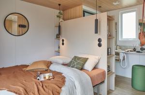 a small bedroom with a bed and a mirror at U Pinarellu in Zonza +74 photos