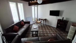 a living room with a couch and a television at Le Trèfle de l'Impériale-Les gites de l imperiale in Sermizelles