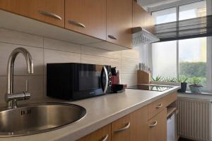 a kitchen with a sink and a microwave at NEST by Tendo Stay - Comfort Housing in Falkensee