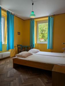 a bedroom with a large bed with blue curtains at Black Forest Hostel in Freiburg im Breisgau