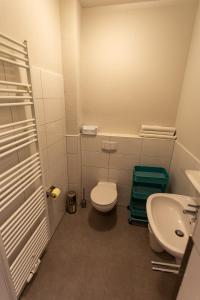 a small bathroom with a toilet and a sink at Ferienwohnung Krabbe in Dornum +11 photos