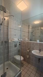 a bathroom with a shower and a toilet and a sink at LAT Hotel & Apartmenthaus Berlin in Eisenhüttenstadt +19 photos