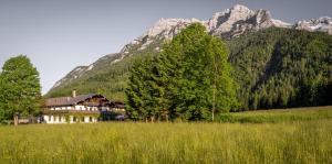a house in a field in front of a mountain at Strubwirt in Waidring +9 photos