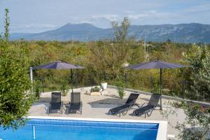 a swimming pool with chairs and umbrellas next to at House Cerovac in Nedeščina