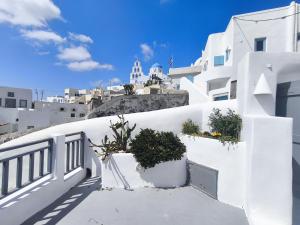 a view of a white building with potted plants at Imarkellis Santorini Cave House with yard in Pyrgos