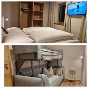 two pictures of a bedroom with a bed and a television at B living Apartments in Neukirchen am Großvenediger