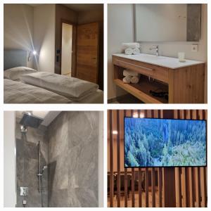a collage of three pictures of a bedroom and a bathroom at B living Apartments in Neukirchen am Großvenediger +76 photos
