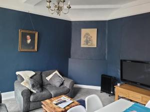 a blue living room with a couch and a tv at The Gingernut in Ross on Wye