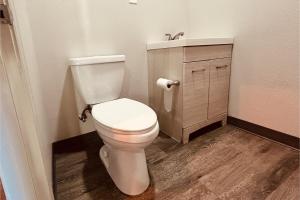 a bathroom with a white toilet and a sink at The Queen B Motel, Detroit-Warren in Warren +21 photos