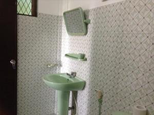 a bathroom with a green sink and a mirror at Lagoon Inn in Hambantota