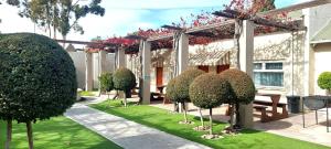 a garden with a bench and trees in front of a building at Donkin House in Beaufort West