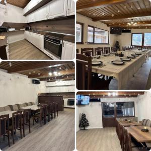 a kitchen and a dining room with a long table at Алтъна Калофер in Kalofer