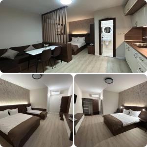 two pictures of a bedroom and a hotel room at Алтъна Калофер in Kalofer +41 photos