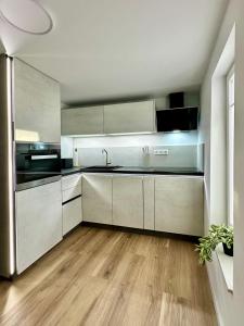 a kitchen with stainless steel appliances and wooden floors at Altstadt Apartment Chalet in Haltern