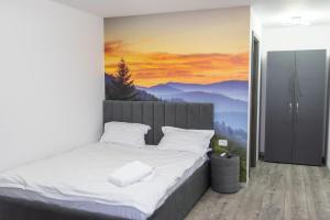 a bedroom with a bed with a painting on the wall at Panoramic View Bran in Bran +53 photos