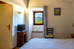 a bedroom with a bed and a television and a window at Domaine De Blancardy in Moulès-et-Baucels
