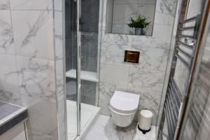 a bathroom with a toilet and a glass shower at The Coastal Haven, Broughty Ferry in Dundee +49 photos