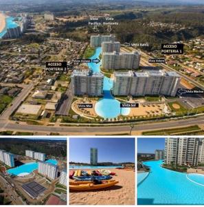 a collage of four pictures of a resort at vacaciones con laguna in Algarrobo