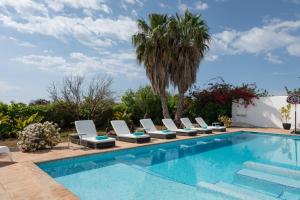 a pool with lounge chairs and a palm tree at Villa Mara- Close Playa den Bossa beach in Sant Jordi +53 photos