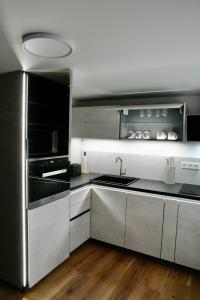 a kitchen with a stainless steel refrigerator and a sink at Altstadt Apartment Chalet in Haltern +7 photos