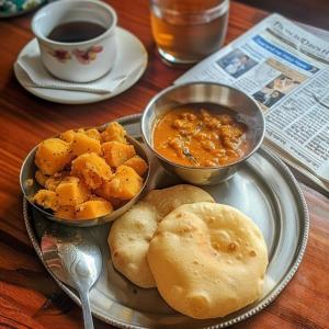 a plate with two bowls of food and a plate of bread at Hotel Atithi Residency in Lucknow