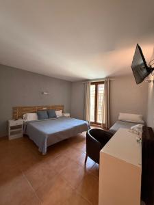a bedroom with a bed and a tv and a couch at Hotel Acebo Plaza Mayor in Jaca