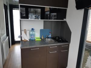 a kitchen with a sink and a counter top at Hausboot Havelrobbe in Brandenburg an der Havel