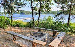 a picnic table and a fire pit next to a lake at Stunning Home In Örkelljunga With Sauna in Orkelljunga