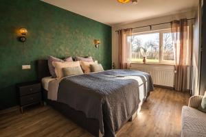 a bedroom with a bed with green walls and a window at Hannas Lieblingsplatz in Marburg an der Lahn