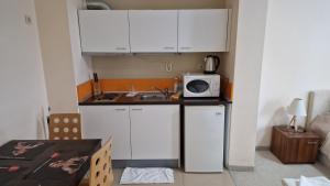 a small kitchen with white cabinets and a microwave at Studio Kalina Green Life in Pamporovo