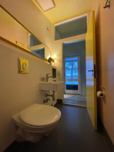 a bathroom with a toilet and a sink and a window at Agerdal - dejligt hus midt i mark og have in Nykøbing Mors