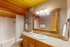a bathroom with a sink and a toilet and a mirror at Coyote Creek Chalet in Big White +27 photos