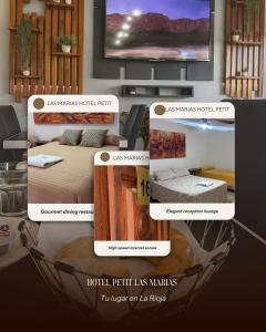 a collage of photos of a room with a bed and a tv at Petit Hotel Las Marias in La Rioja