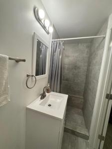 a white bathroom with a sink and a shower at Studio Apartment Antonine in New Orleans +24 photos