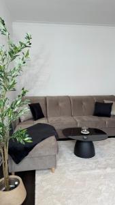 a living room with a couch and a table at Paulus Living in Halle an der Saale +4 photos