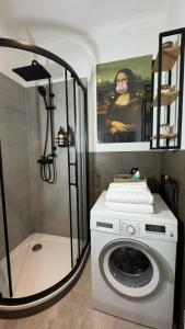 a washing machine in a bathroom with a painting at Paulus Living in Halle an der Saale
