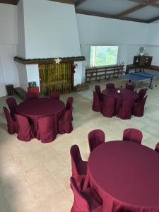 a room with purple tables and chairs and a stage at Herdade do Serra in Ervidel