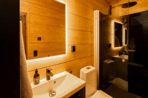 a bathroom with a sink and a toilet and a mirror at Hossan Lumo in Hossa +94 photos