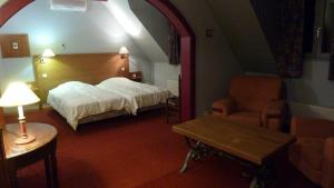 a hotel room with a bed and a chair at Chez Norbert in Bergheim