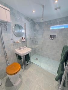 a bathroom with a toilet and a sink and a shower at Orchard Barn next to Bewl Reservoir, Ticehurst in Ticehurst +10 photos