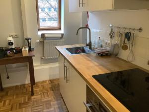 a kitchen with a sink and a wooden counter top at Pied à Terre Oostersingel UMCG in Groningen