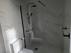 a bathroom with a toilet and a glass shower at Casa Rosinha, views & sunset in Calheta +23 photos