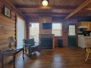 a living room with a fireplace in a log cabin at Mountain Rose- Hot Tub, Pool Table, Firepit in Stanton