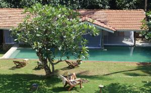 a woman sitting in a chair under a tree next to a pool at Villa de Zoysa Yoga, Wellness & Waves in Busse