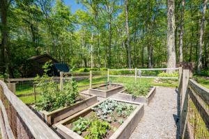 a garden with four raised beds of vegetables at R & R Cabin by Railey Vacations in McHenry