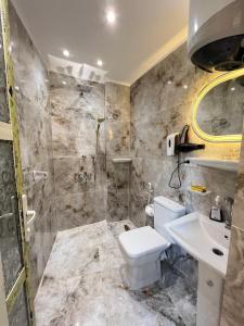 a bathroom with a shower and a toilet and a sink at Star vysta pyramids view inn in Ghaţāţī