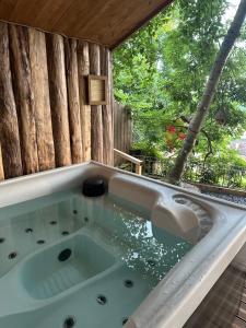 a large bath tub in a room with a window at Coeur de Lodge spa privatif in Cramoisy +58 photos